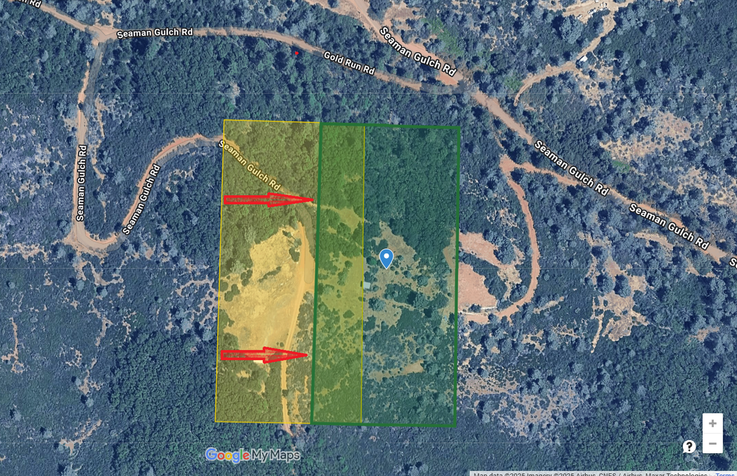 Aerial map of 24536 Gold Run Rd showing property boundaries
